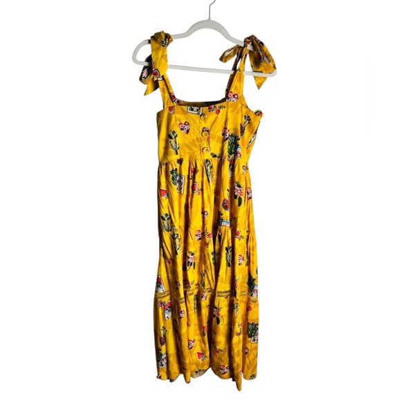 Emily Lovelock Yellow Mexico City Frida  Print Tie Shoulder Midi Dress XS - Picture 3 of 10